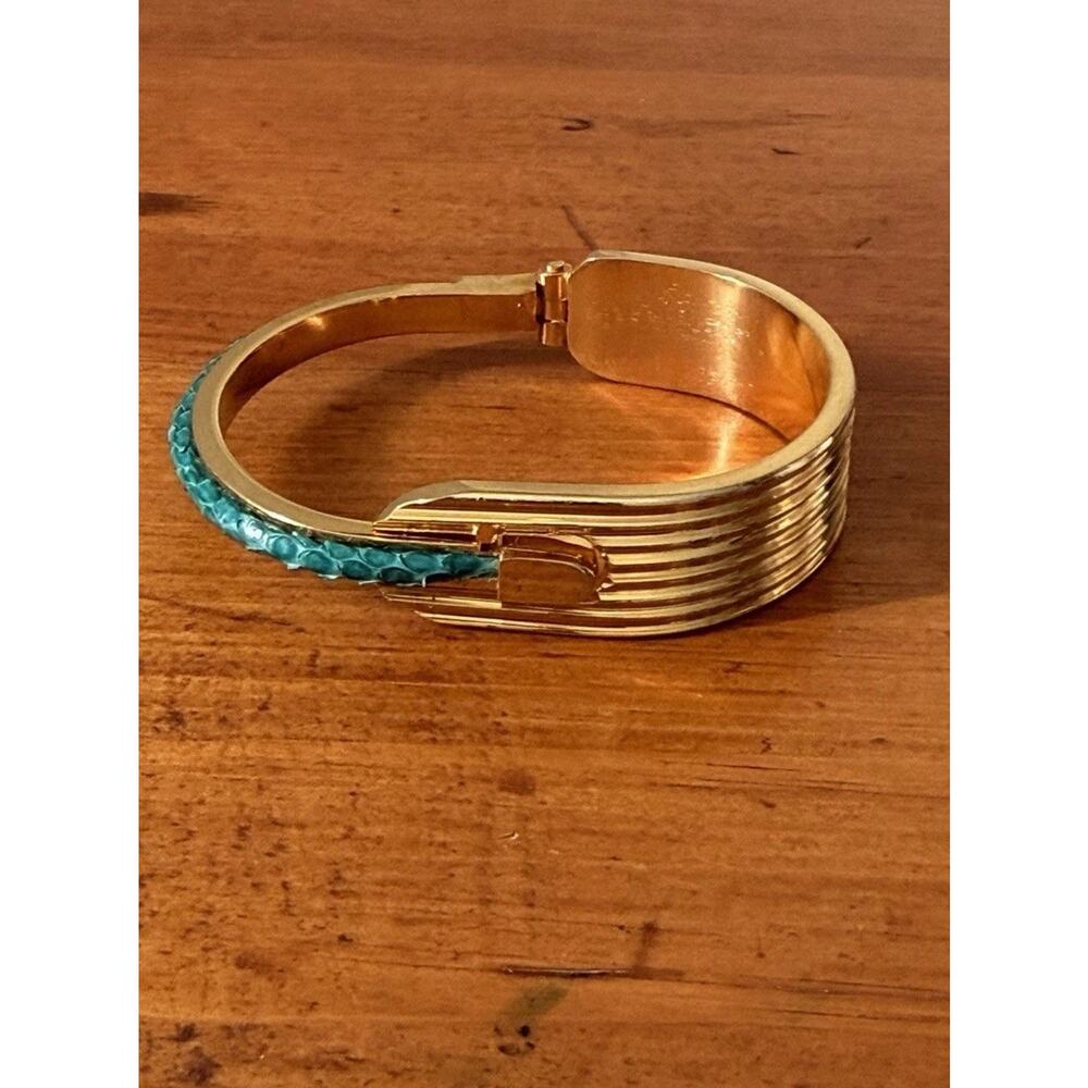Gold Tone Hinged Cuff Bracelet with Turquoise Inlay Bohemian Statement Preowned - Picture 5 of 16